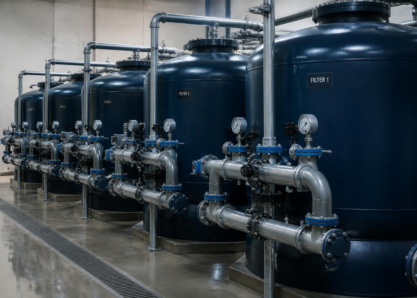 Filtros a presión en una planta de tratamiento de agua potable