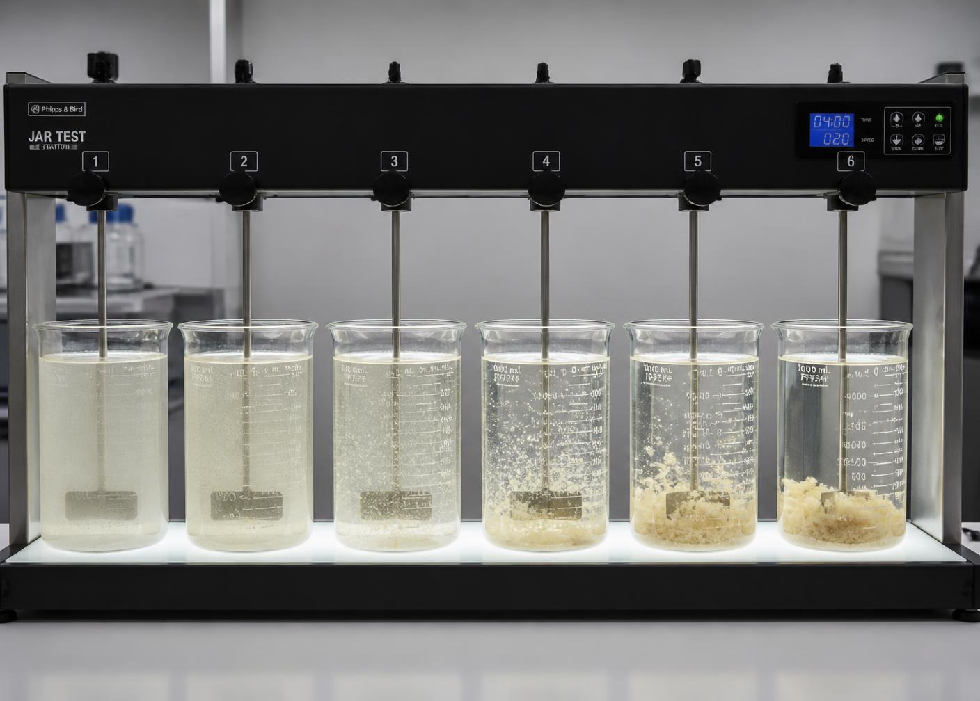 Ensayo de Jar Test con formación de flóculo en vasos de laboratorio